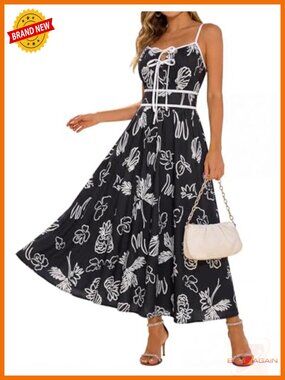 Summer Maxi Floral Dress, Spaghetti Strap Tie Front Boho Sundress with Pockets